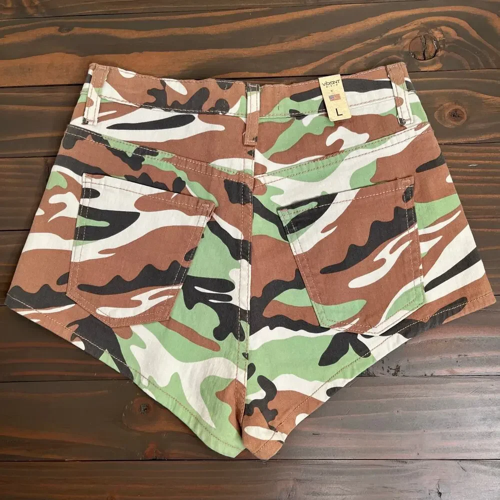 Vibrant M.I.U. Micro Shorts High Rise Green Black Camo NWT Juniors Large
