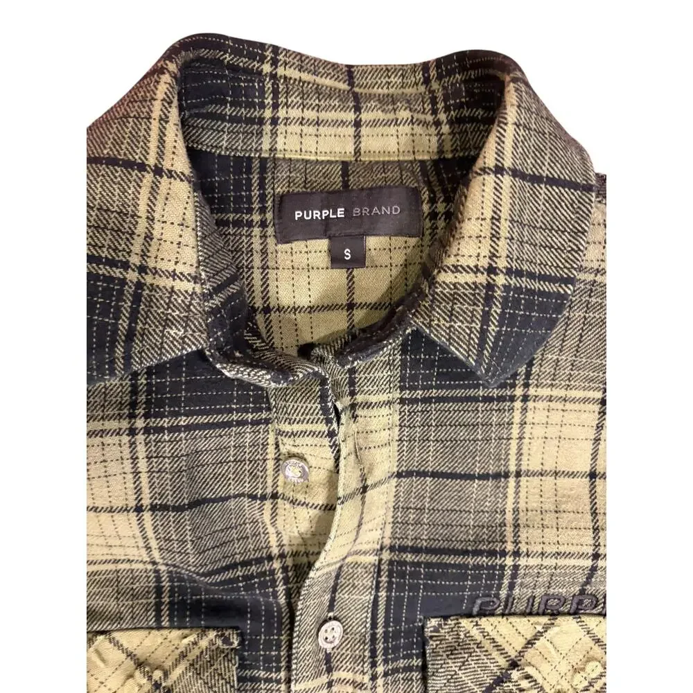 PURPLE BRAND Men's Plaid Flannel Shirt Size SMALL Green Black Heavyweight