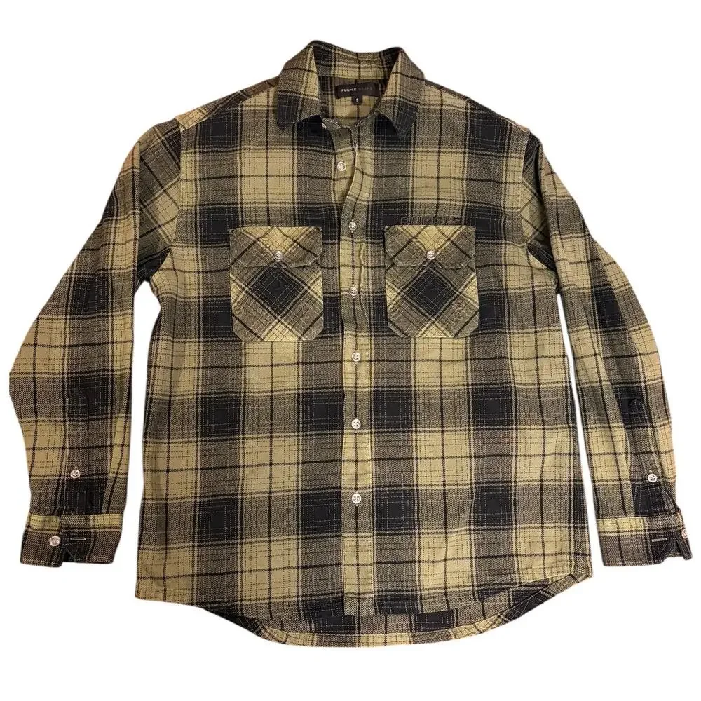 PURPLE BRAND Men's Plaid Flannel Shirt Size SMALL Green Black Heavyweight