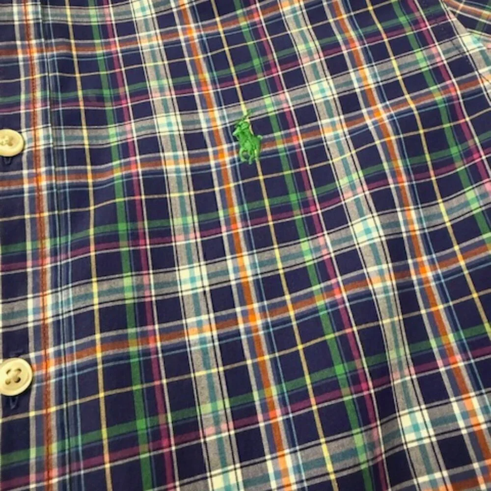 Ralph Lauren Button-Down Blue Green Plaid Long Sleeve Shirt Boy's L 14-16