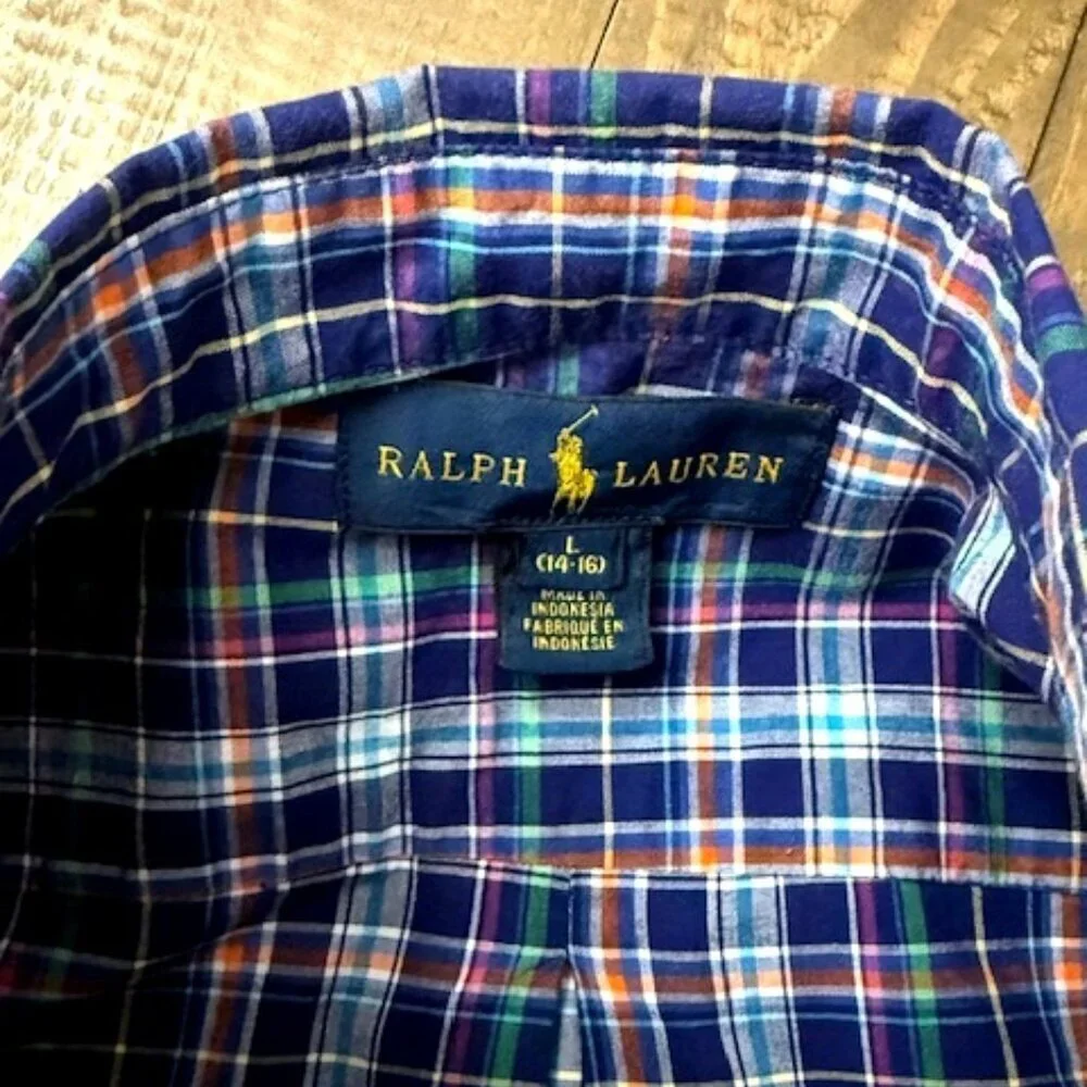 Ralph Lauren Button-Down Blue Green Plaid Long Sleeve Shirt Boy's L 14-16
