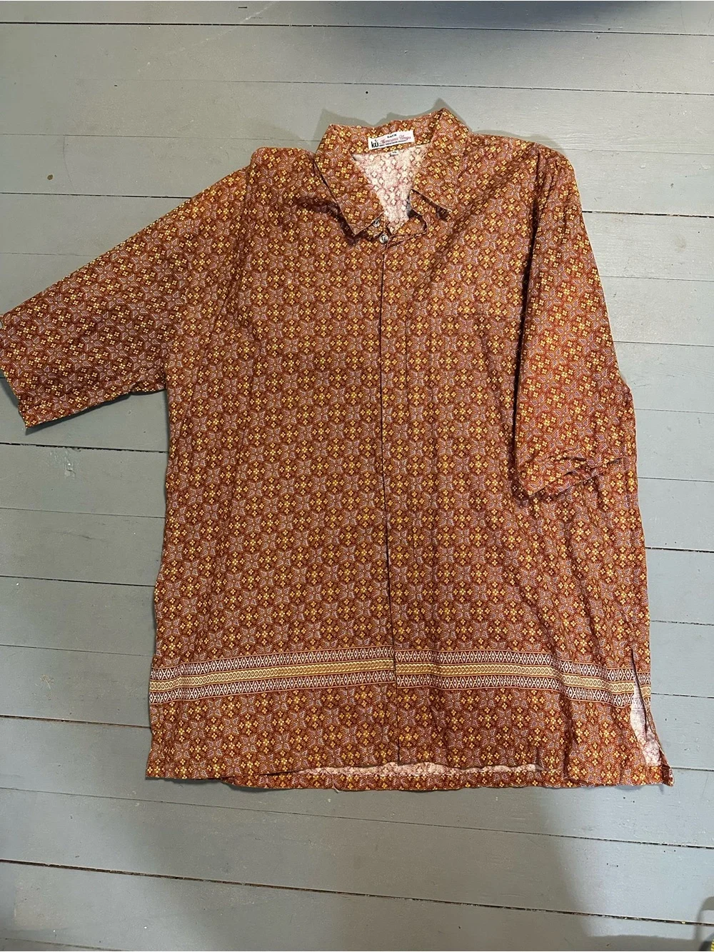 Men's Casual Button-Down Shirt in Rust Floral Print Batik Vintage