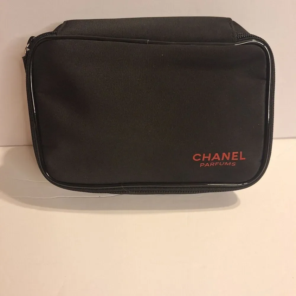 Chanel Parfums Black Cosmetic Zipper Pouch Red Logo