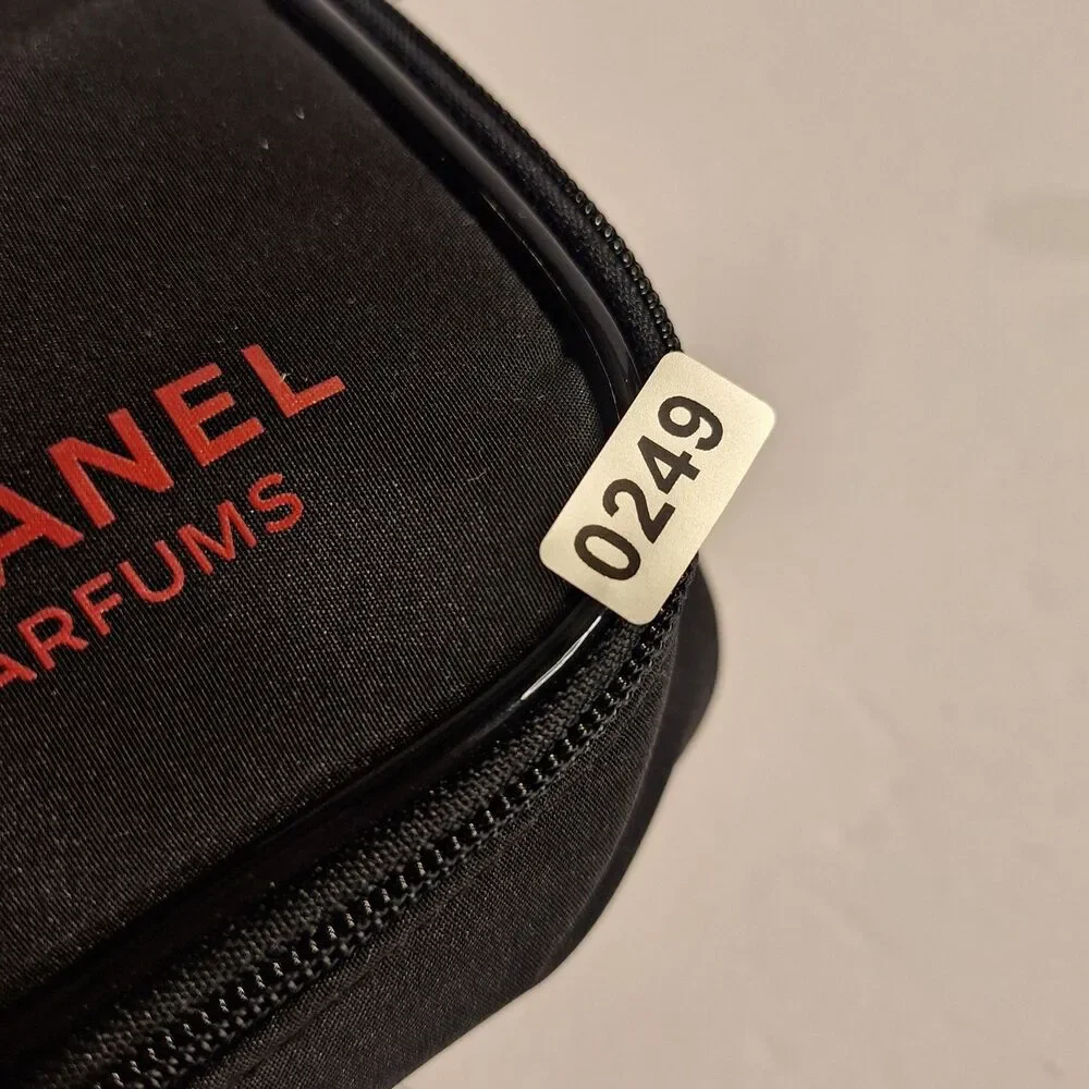 Chanel Parfums Black Cosmetic Zipper Pouch Red Logo