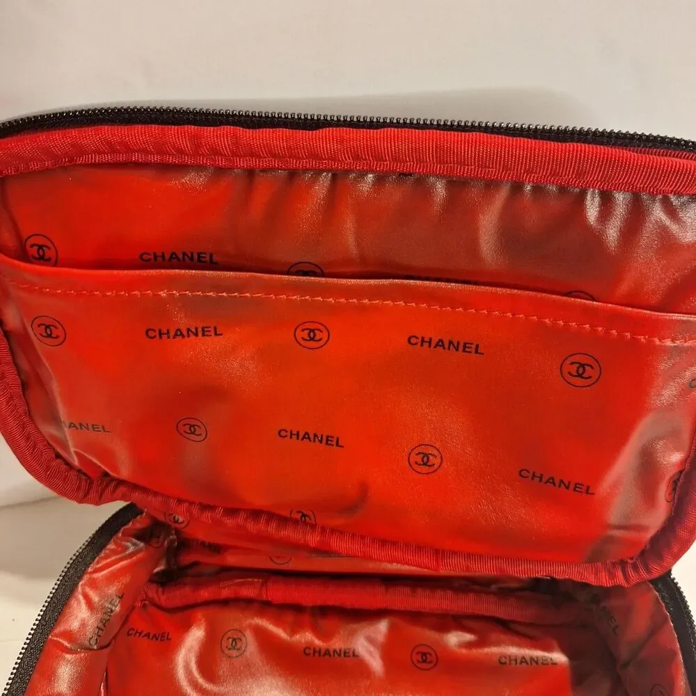 Chanel Parfums Black Cosmetic Zipper Pouch Red Logo