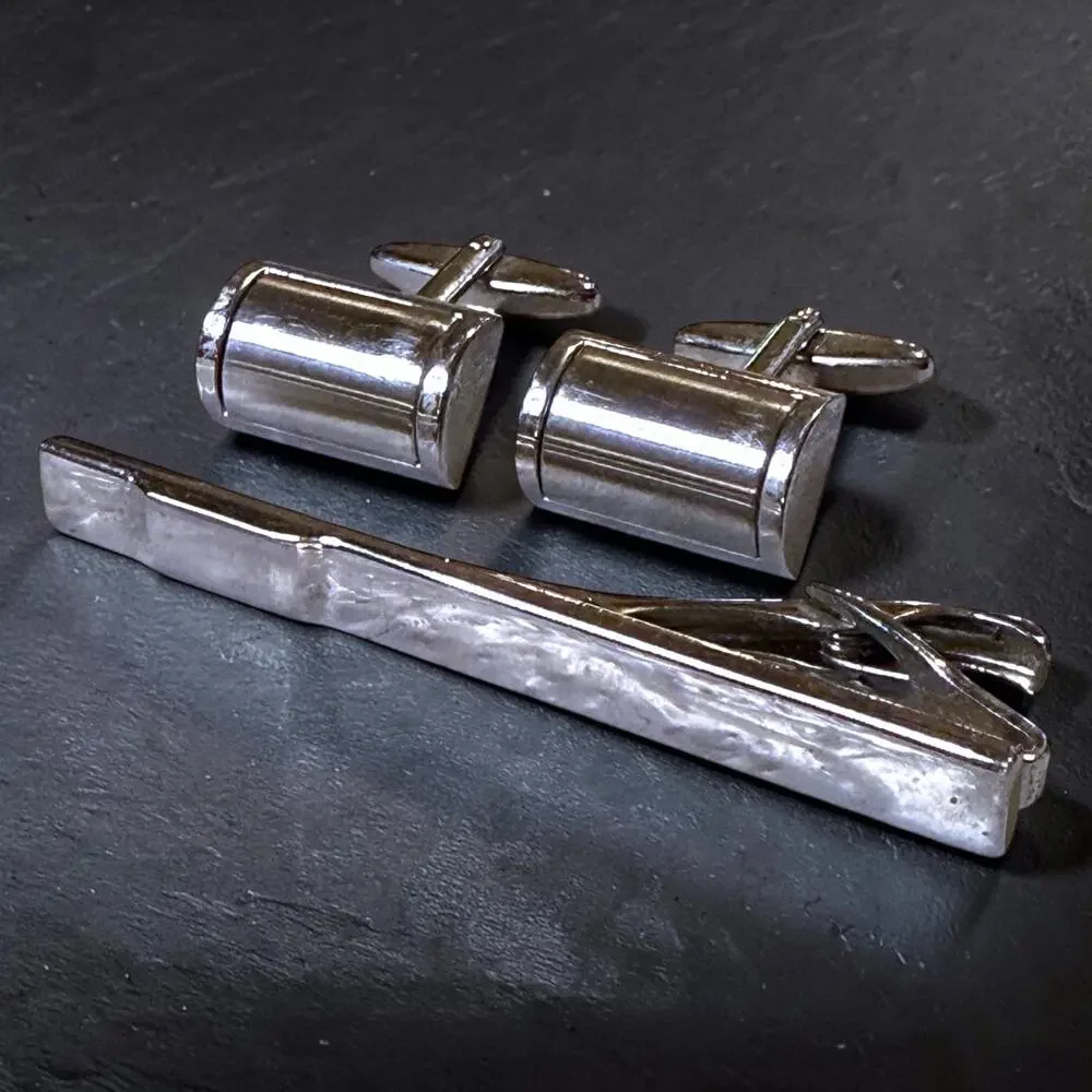Stainless Brushed Cufflinks Half Cylinder T-Bar Toggle with Tie Bar
