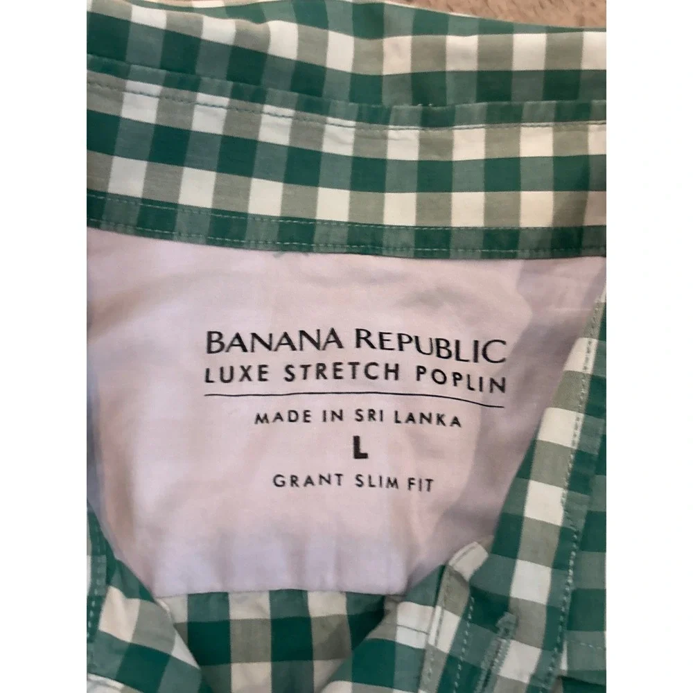 Banana Republic Grant Slim Fit Luxe Stretch Poplin Gingham Shirt Green Mens L
