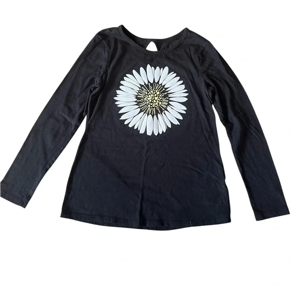 Justice Black Daisy Graphic Long Sleeve Tee Boho Whimsy Girls Size 10