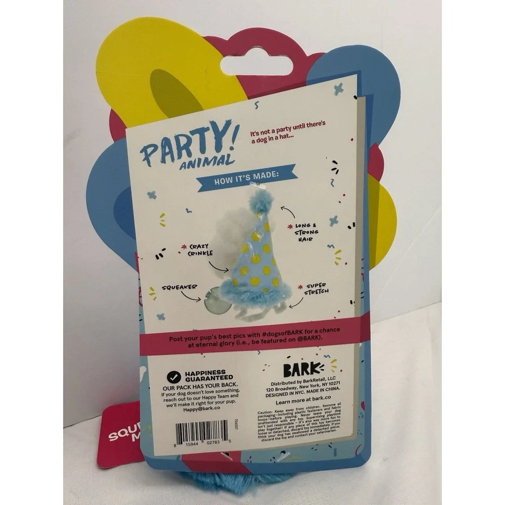 Bark Box Birthday Hat Plush‎ Dog Toy Squeaker Crinkle NWT