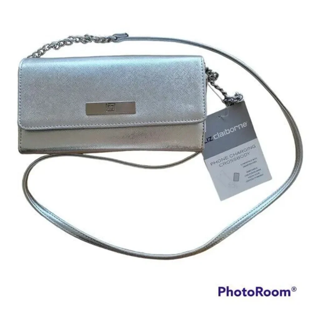 New Liz Claiborne Textured Silver‎ Phone Charging Crossbody Bag Purse 8