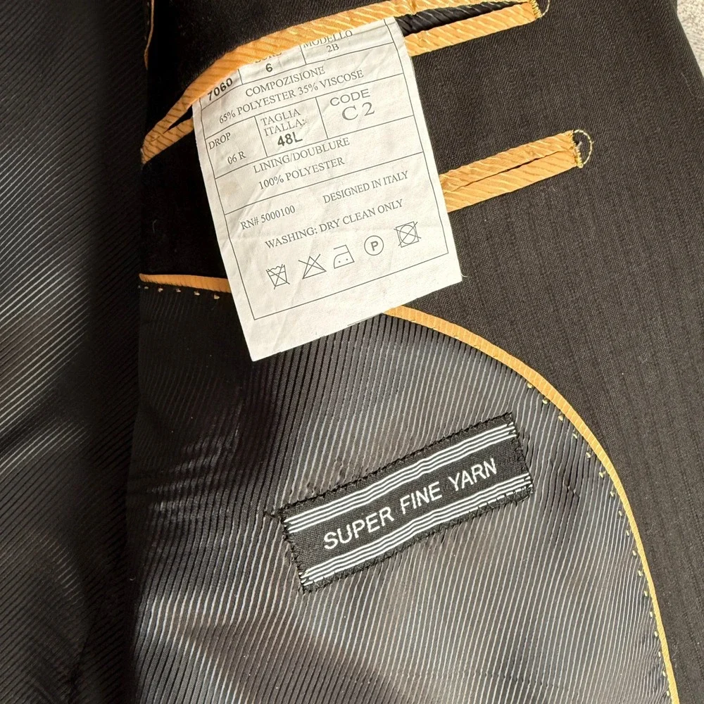 Karako Black Pinstripe Suit Jacket Blazer Made in Italy Super Fine Yarn size 48L