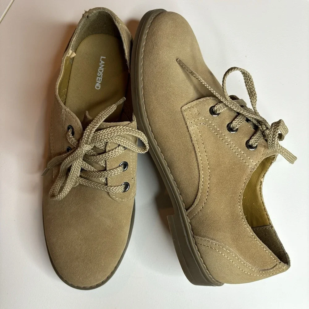 Lands' End Boys‎ Oxford Dress Shoe Size 3 Tan Suede Leather Lace Up Brown Preppy