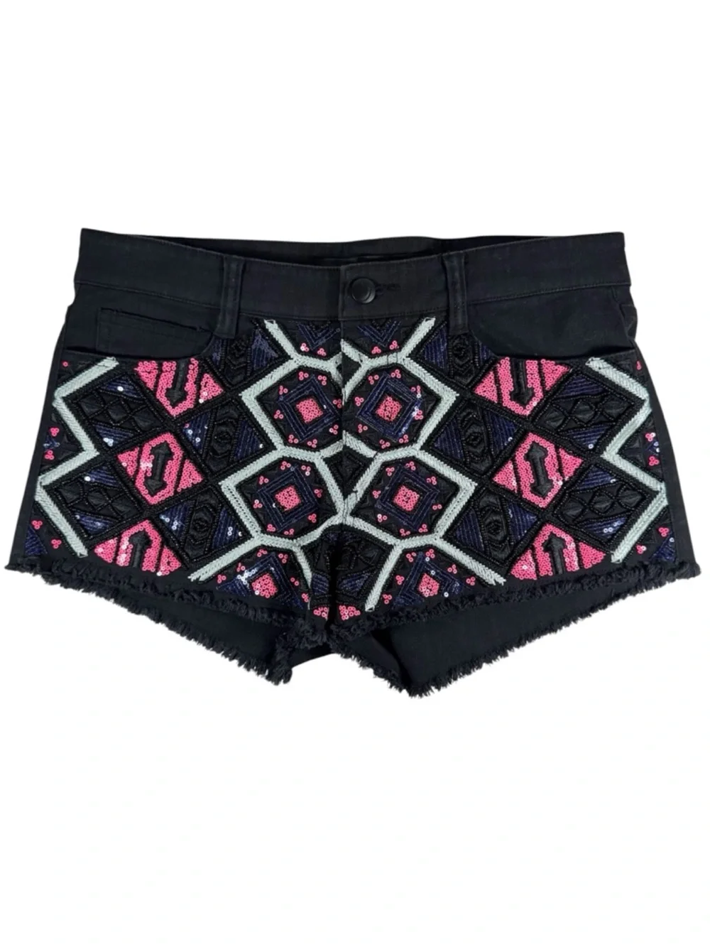 JOE'S JEANS Black Denim Pink Sequin Embellished Shorts Women's 27 Frayed Fringe