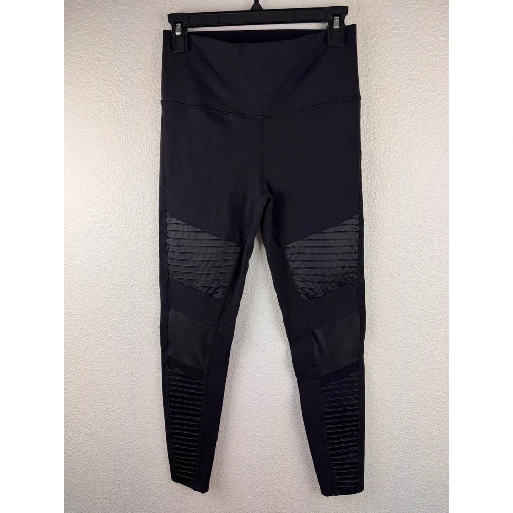 Alo Moto Leggings Women S Black Stretch Moto Ribbed Panels Athleisure Minimalist
