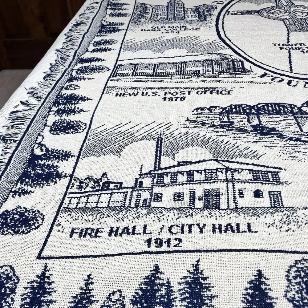 Vintage Blair Nebraska Tapestry Throw Blanket Blue & White Approx 60x48