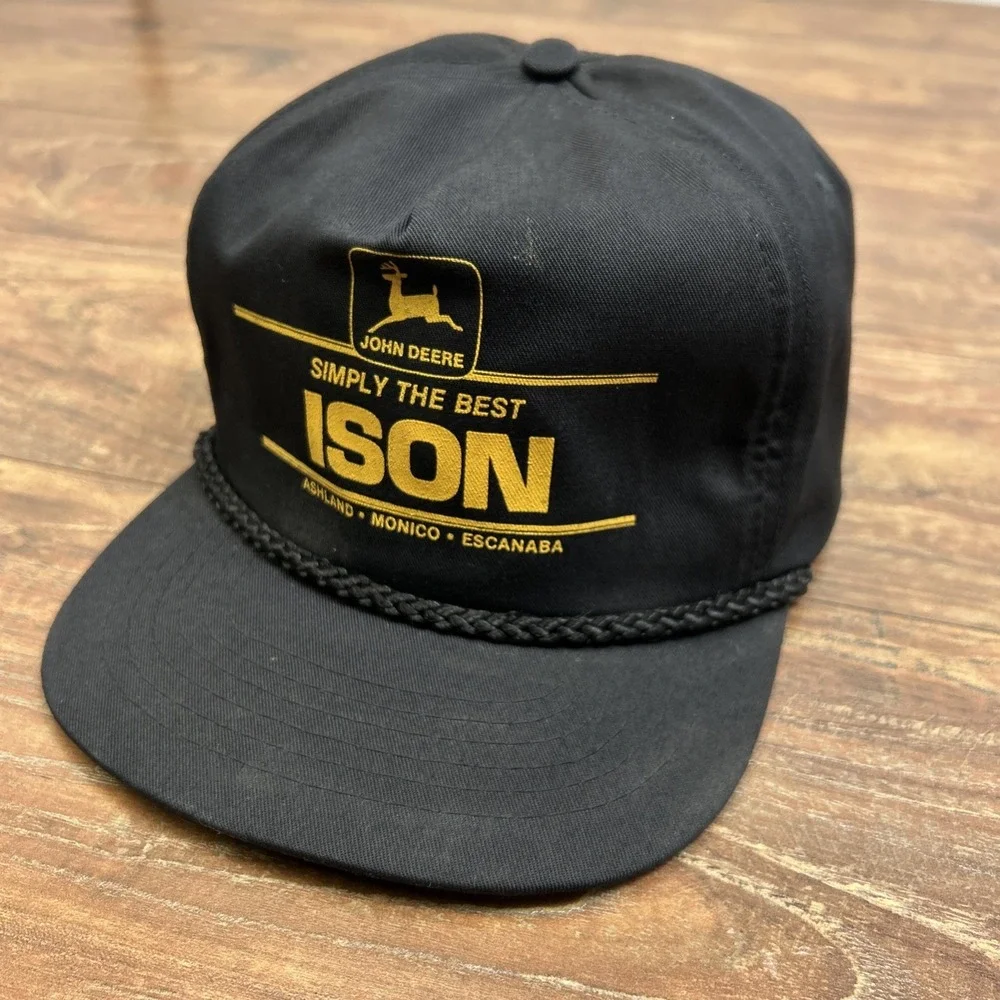 John Deere Ison‎ Equipment Simply the Best Black Yellow Trucker Hat Vtg SnapBack