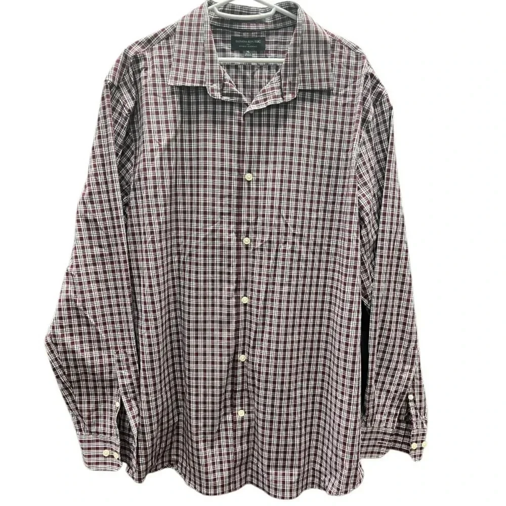 Banana Republic Mens Maroon Button Down Wrinkle Resistant Xl Striped Long Sleeve