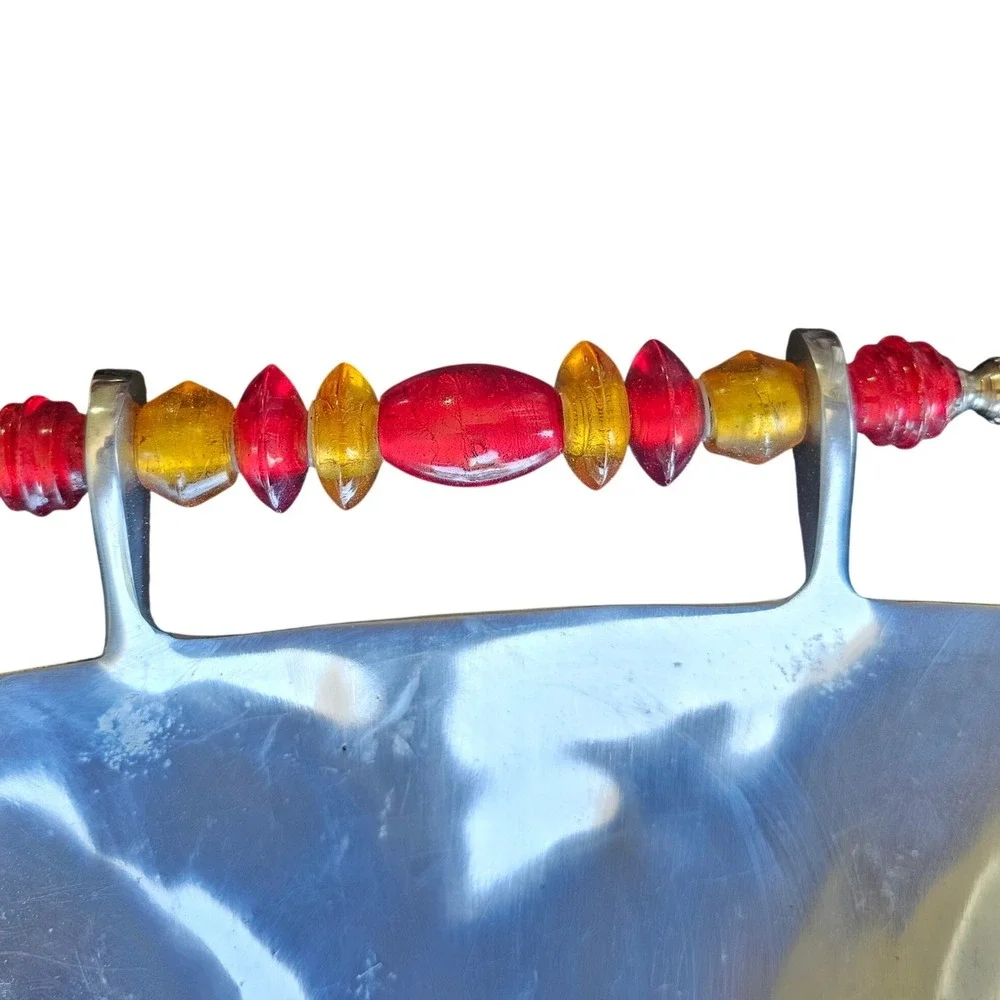 Vintage MCM Cast Aluminum Serving Tray with Red and Amber Glass Bead Handles