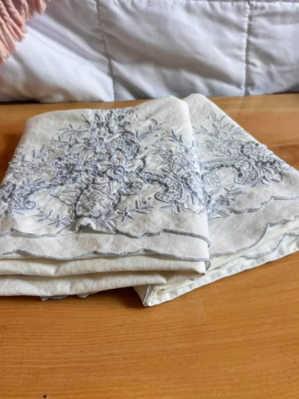 Vintage pillowcases light blue embroidered floral patterns