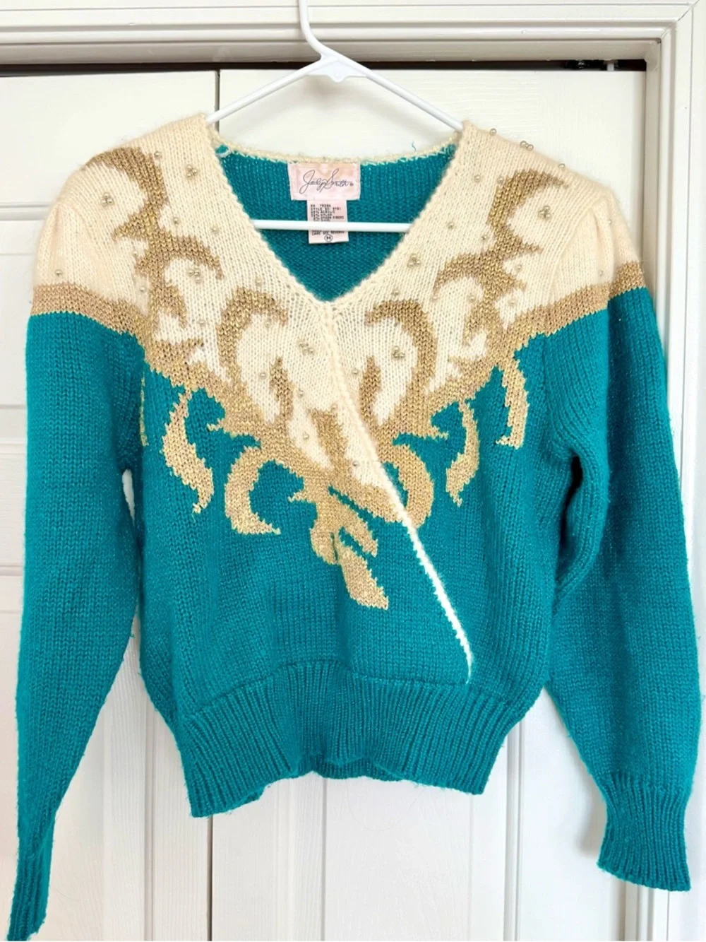 Vintage Jacklyn Smith Beaded Angora Sweater Teal Gold Fits S