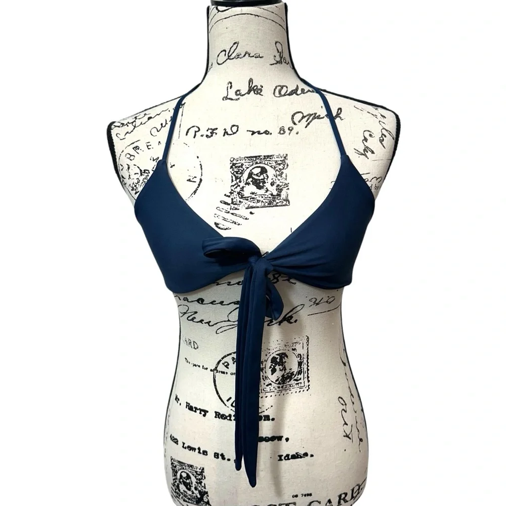 Frankie's Bikinies Blue‎ Front Tie Chrochet Back Halter Top, XS