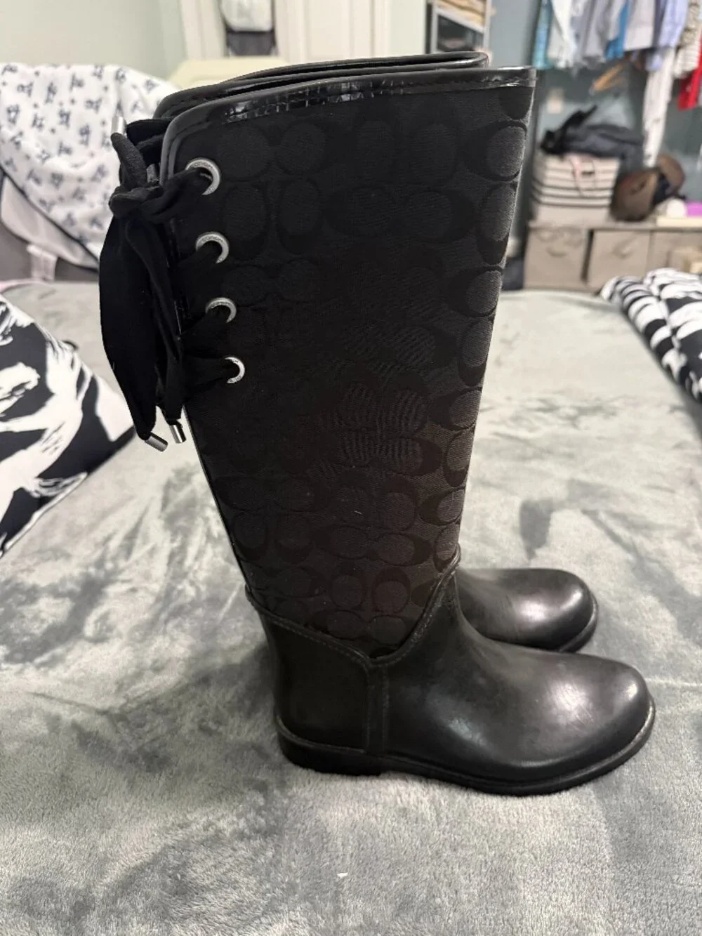 Coach Tristee Lace-Up Back Corset Signature Rain Boots Black Size 7B EXCELLENT