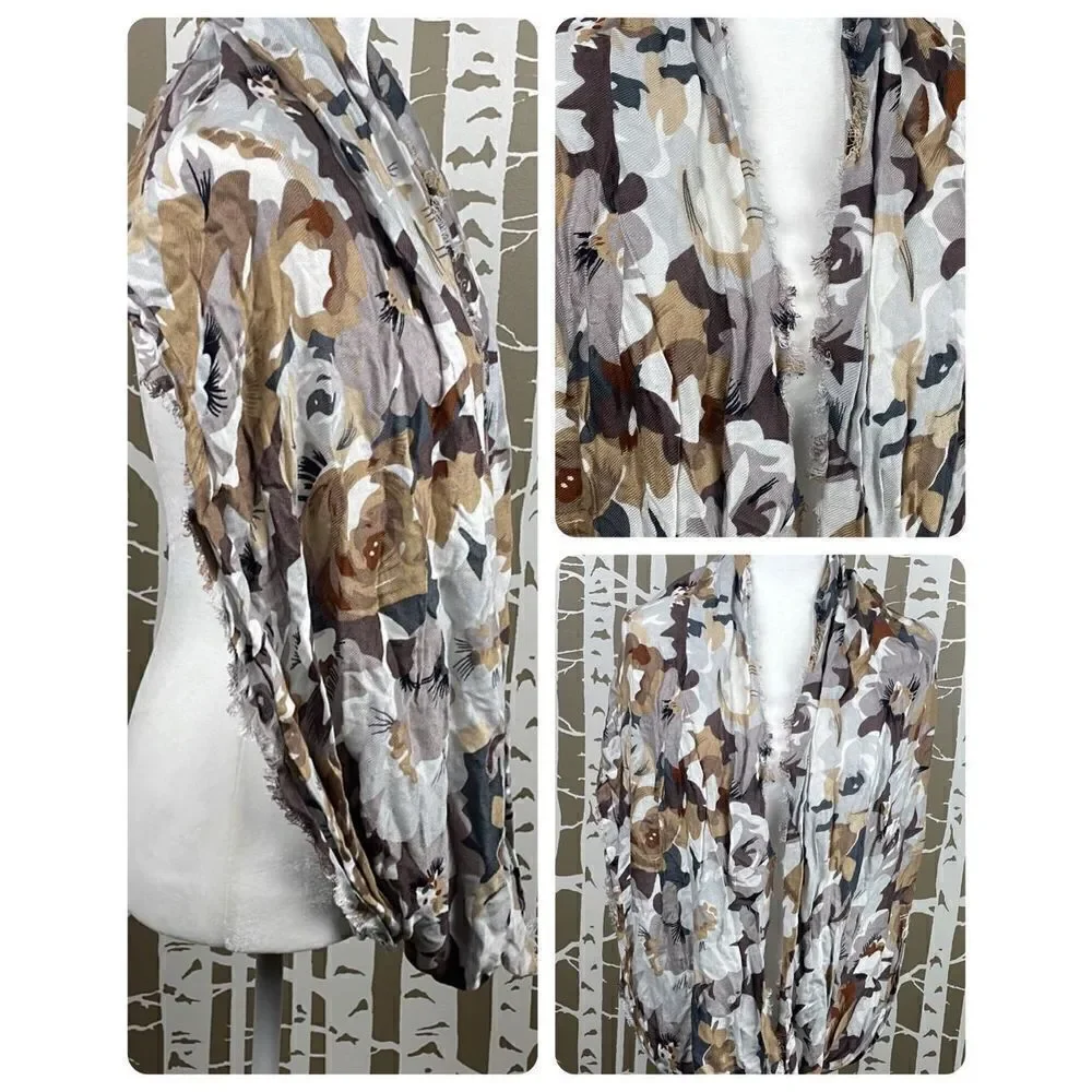 Spring Ready Browns and Grey Abstract Floral Lightweight Infinity Scarf