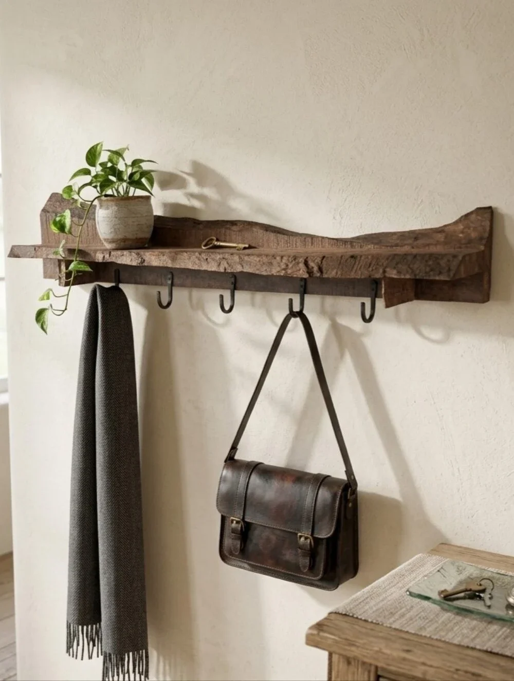 Rustic Live Edge Coat Rack with Top Shelf & Cast Iron Hooks