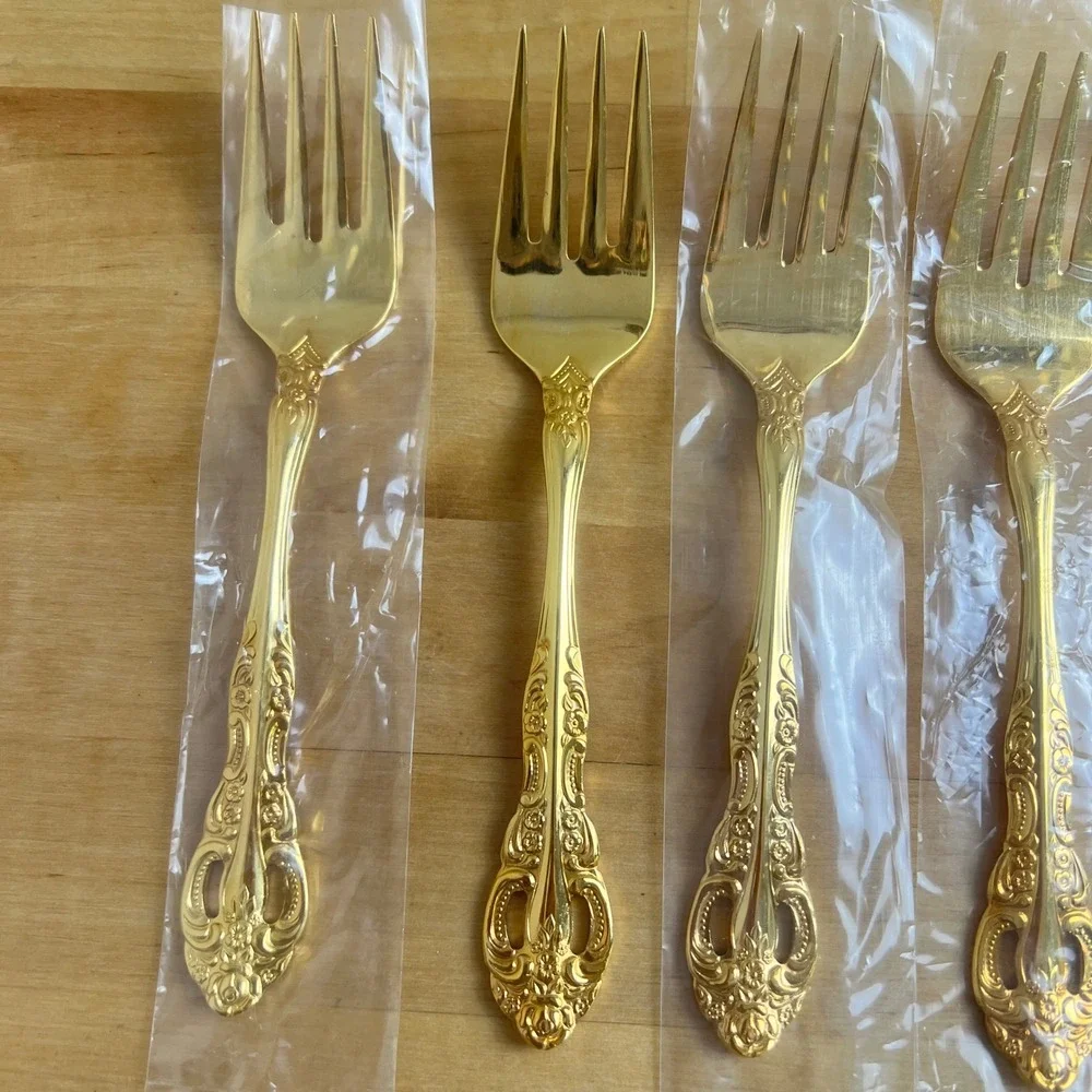 Olde Chelsea Silversmiths Set of 6‎ Vintage Gold Tone Korea Salad Forks Ornate