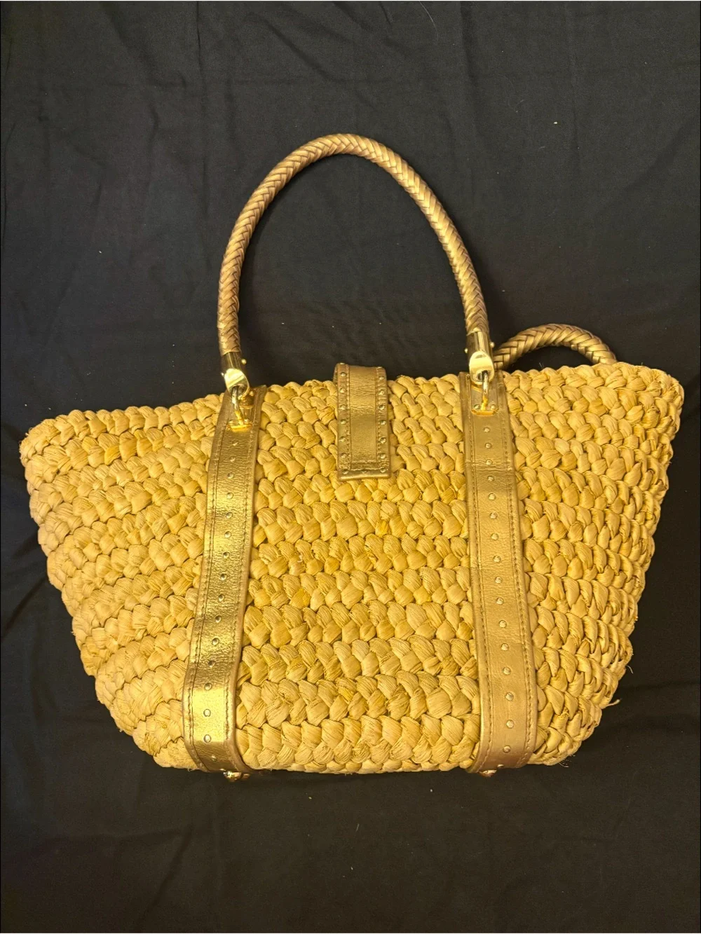 Michael Kors gold Woven Leather-Trim Tote