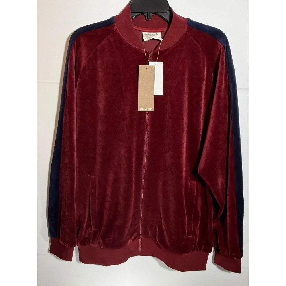 AGTAWH Men ST. Moritz Powder Red Velour Bomber Jacket Full Zip new Size L