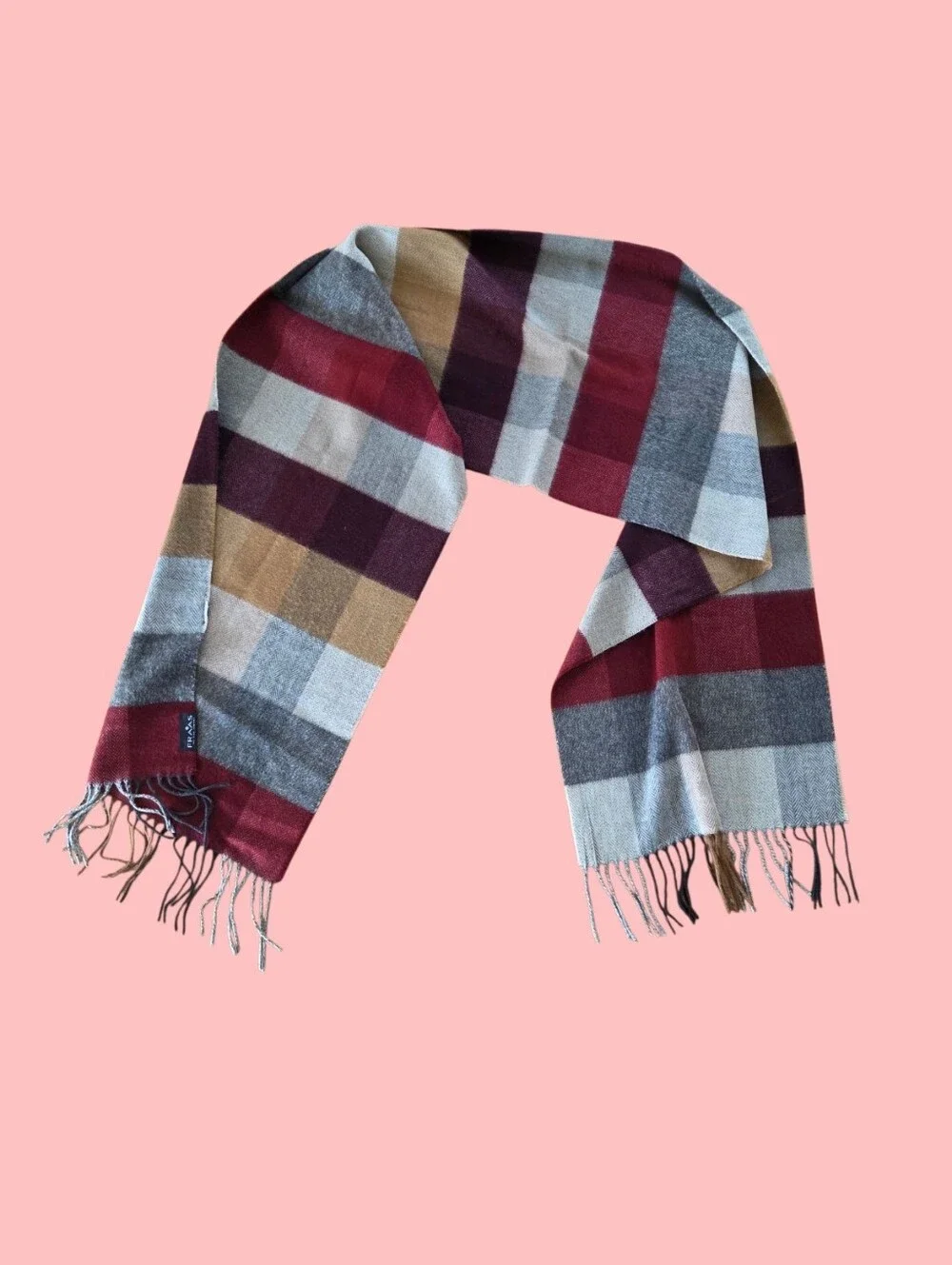 Fraas Plaid Scarf Made in Germany Maroon Gray Tan 14 x 72 Unisex SOFT Fringed