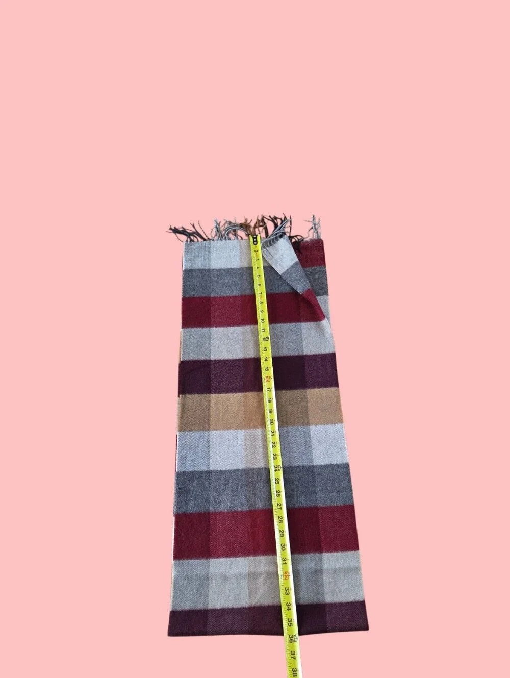 Fraas Plaid Scarf Made in Germany Maroon Gray Tan 14 x 72 Unisex SOFT Fringed