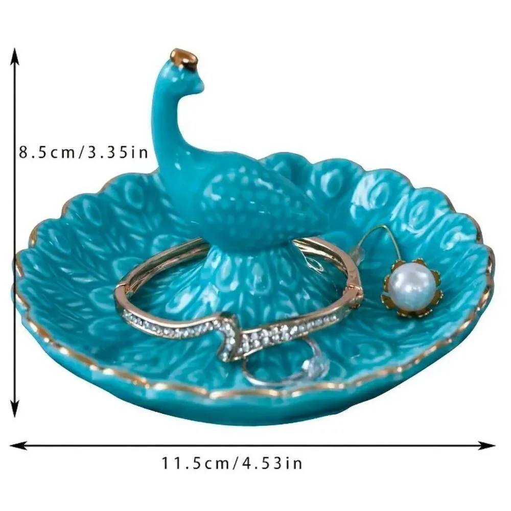 Ceramic Blue Peacock Jewelry Tray For Earrings, Rings, Necklaces And Bracelets