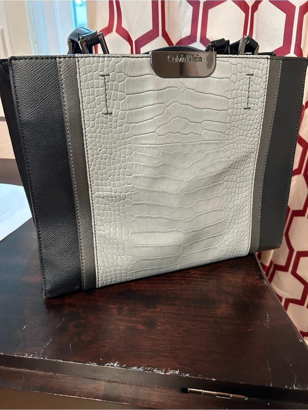 Calvin Klein Black and Light Gray Croc-Embossed Tote Briefcase