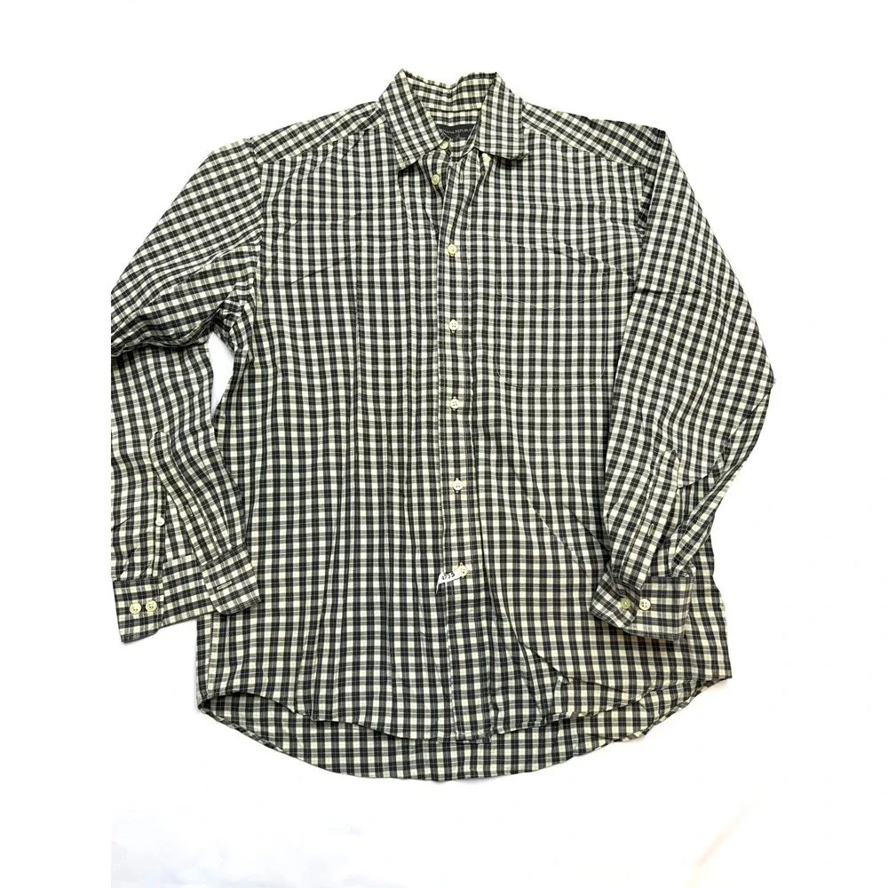 BANANA REPUBLIC Mens Large Gray Yellow Plaid Long Sleeve Button Up Shirt Bb16