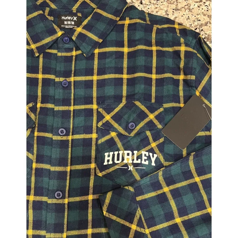 New $50 Hurley Mens Plaid Flannel Button Up Long Sleeve Shirt Seaweed Green‎ M