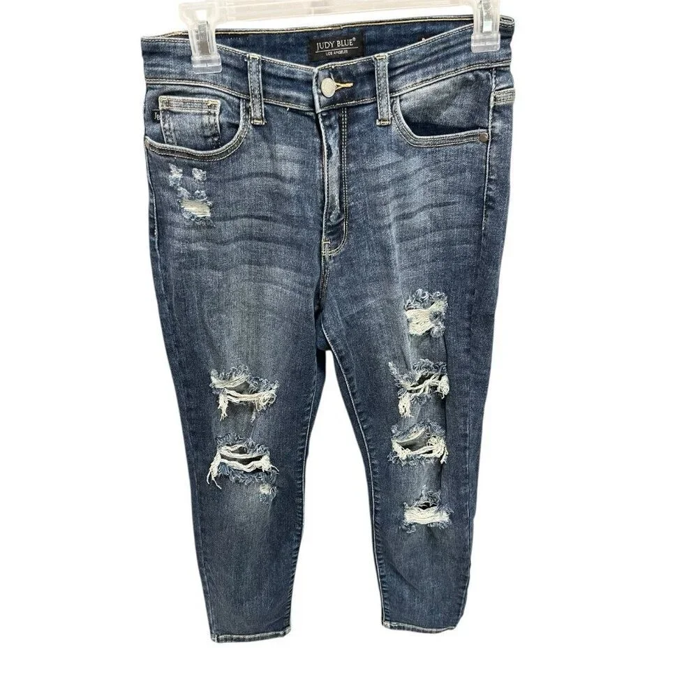 Judy Blue Women's 3/26 Boyfriend Fit Dark Wash Distressed Slim-Fit Denim Jeans