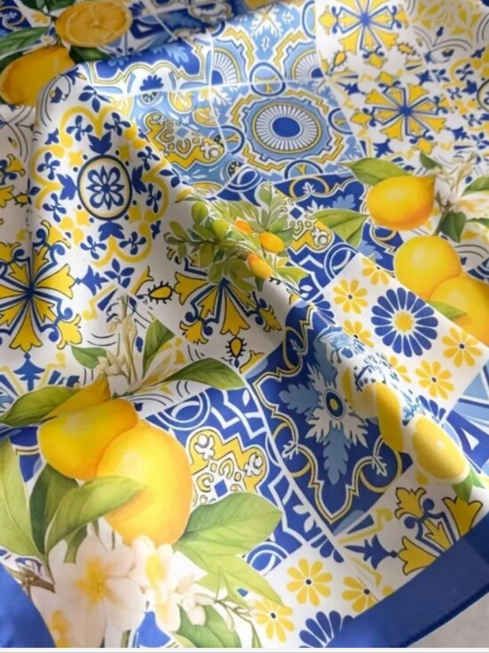 Blue & Yellow Lemon Tile Silk Scarf