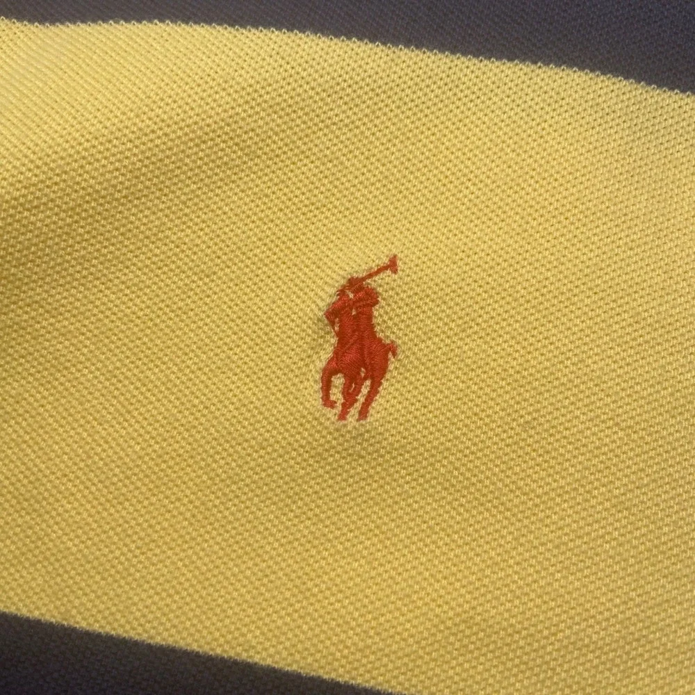 Polo Ralph Lauren Mens Large Yellow‎ Navy Blue Striped Short Sleeve Polo Shirt