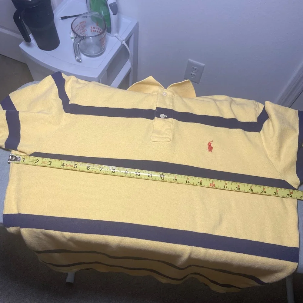 Polo Ralph Lauren Mens Large Yellow‎ Navy Blue Striped Short Sleeve Polo Shirt