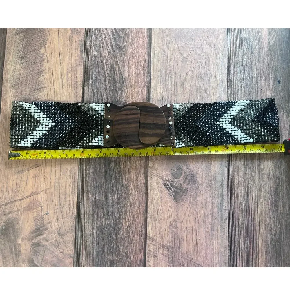 Beaded‎ Black Silver White Belt With Faux Wooden Buckle 30