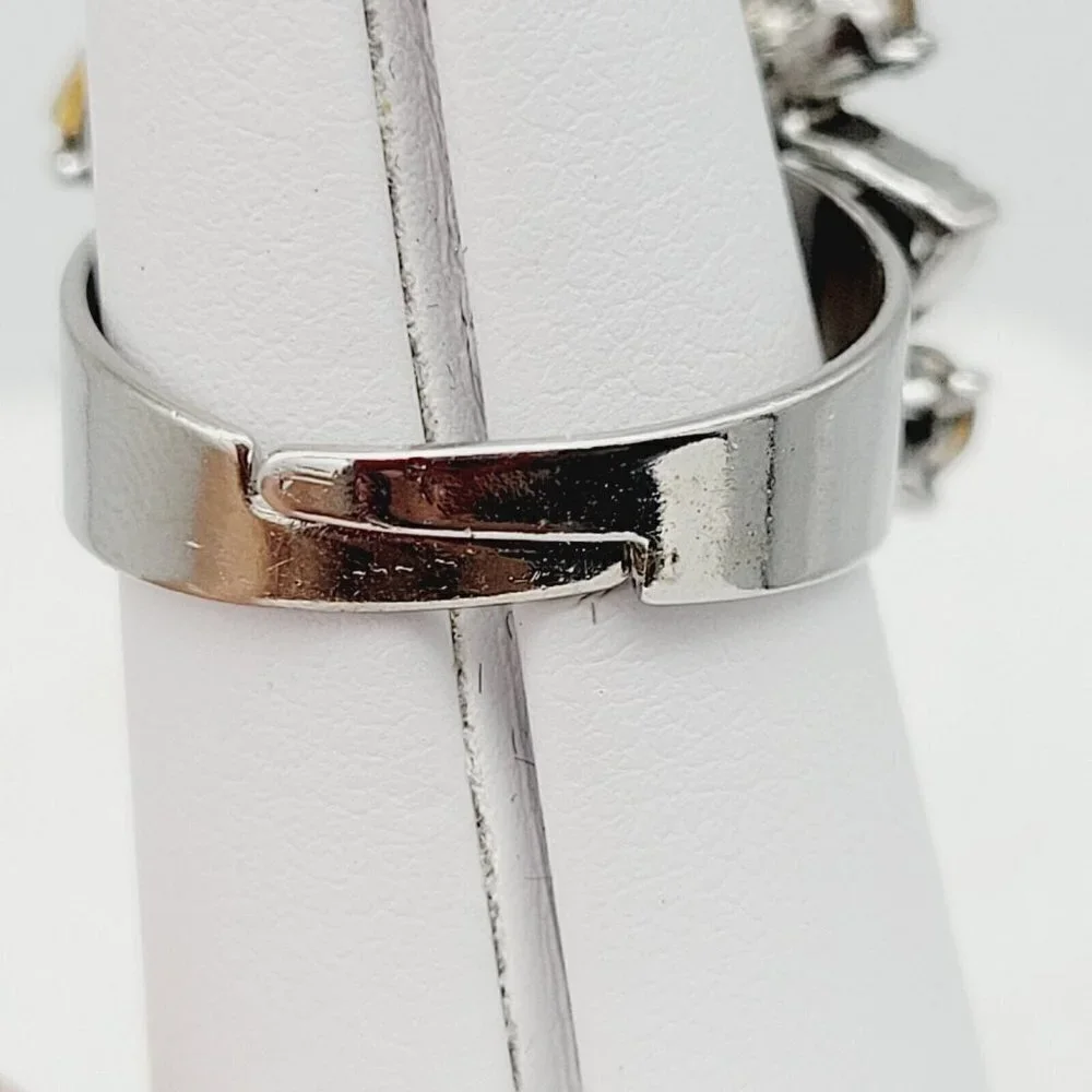 Rhinestone Burst Bypass Ring Adjustable One Size Silver Tone Smoky Stones EUC