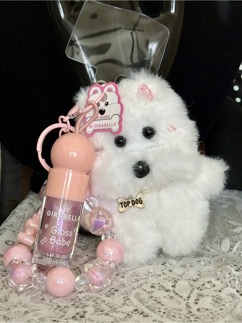 Abella White Plush Dog Keychain with Pink Lip Gloss and Beaded Strap