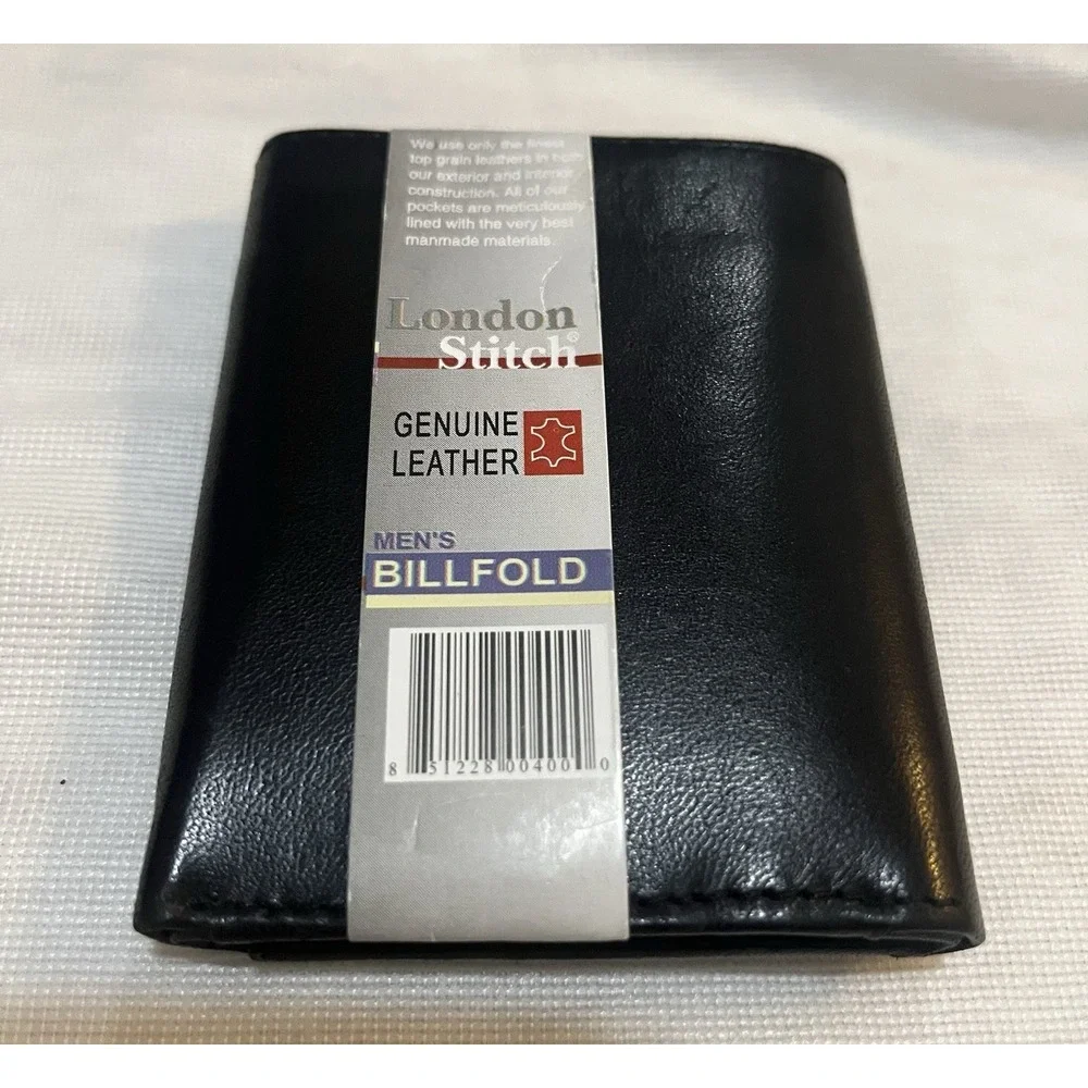 London Stitch Men's Trifold Black ‎ Genuine Leather Billfold