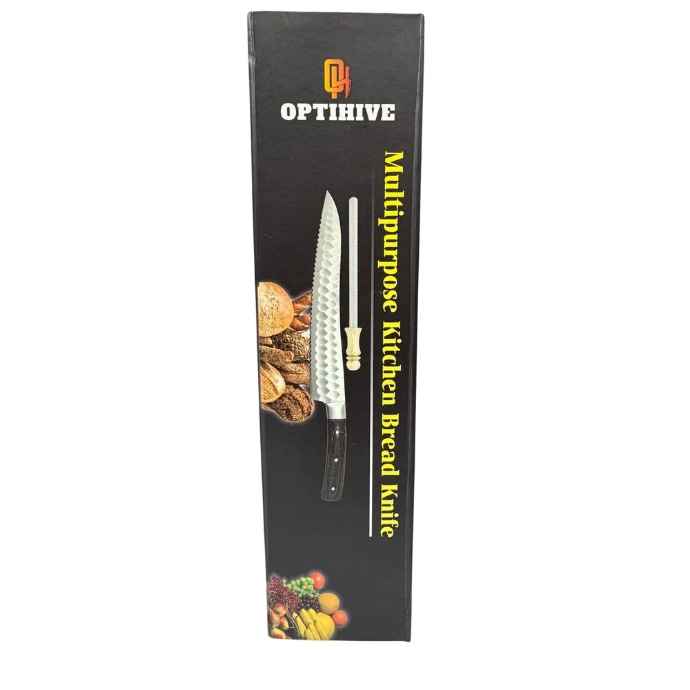 Optihive Kitchen Bread Knife Hammered Stainless Steel with Sharpener NEW