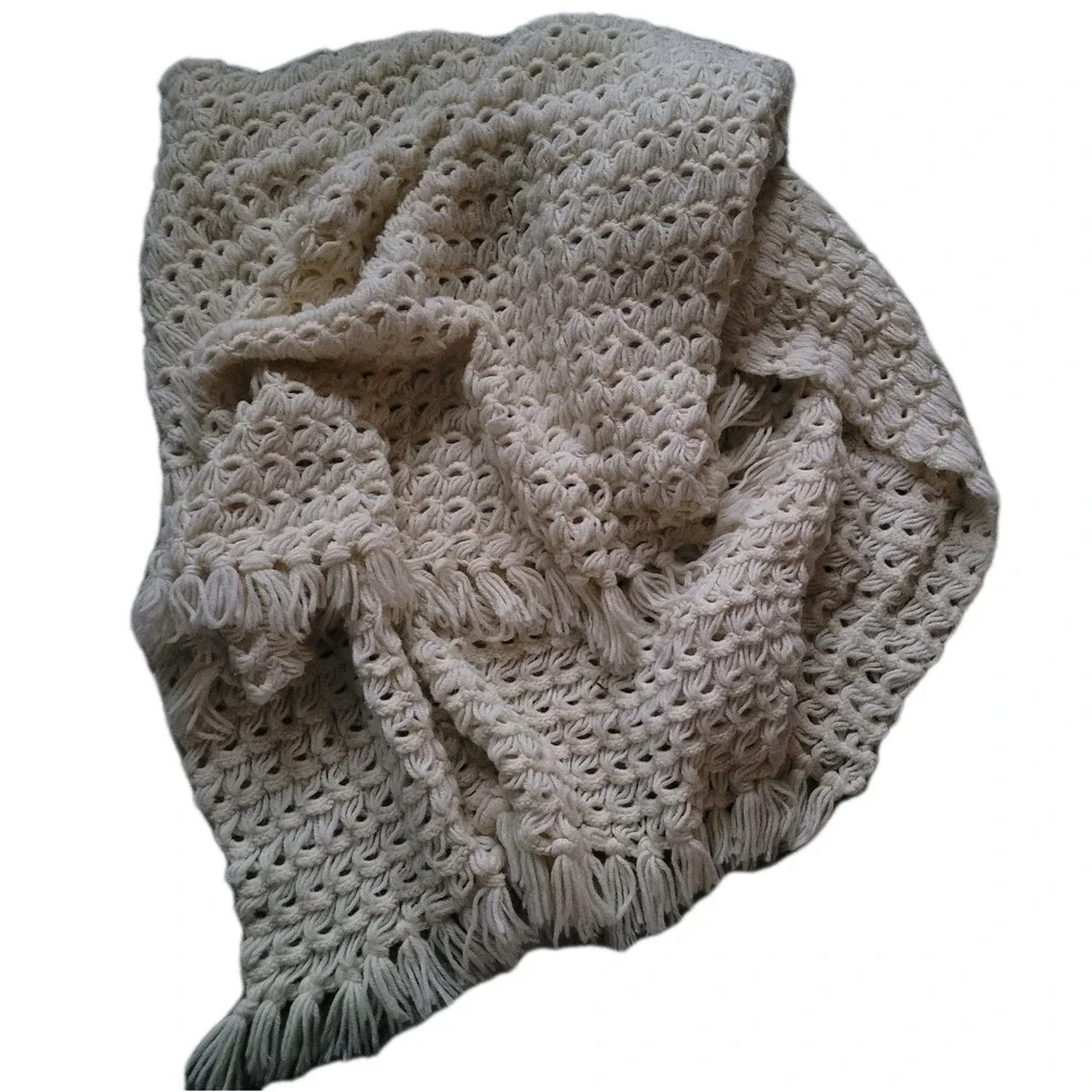 Handmade‎ Chunky Cable Crochet Blanket Off White Ivory Throw Large 39