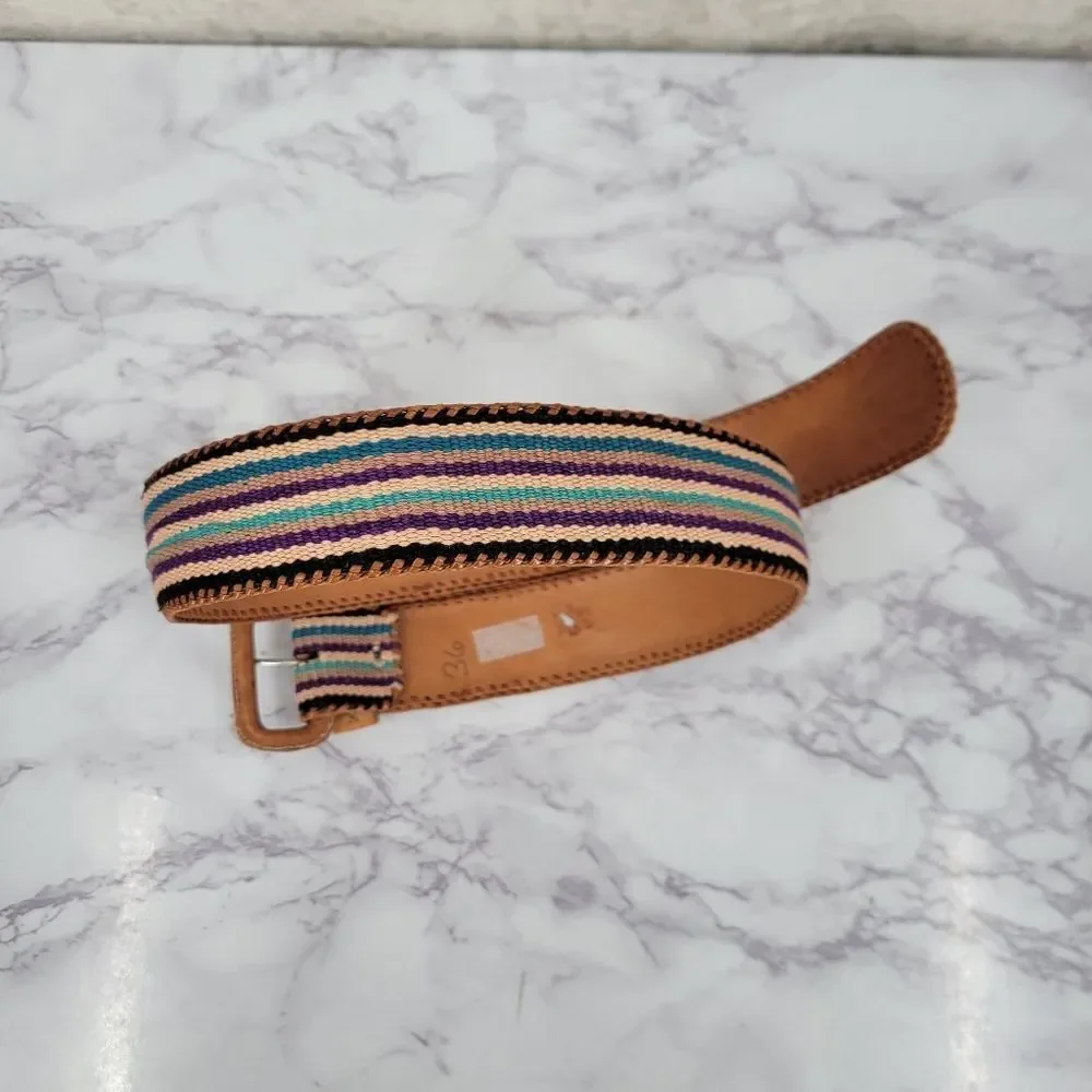 Tan Tooled Leather and Multicolor Canvas Striped Belt Vintage