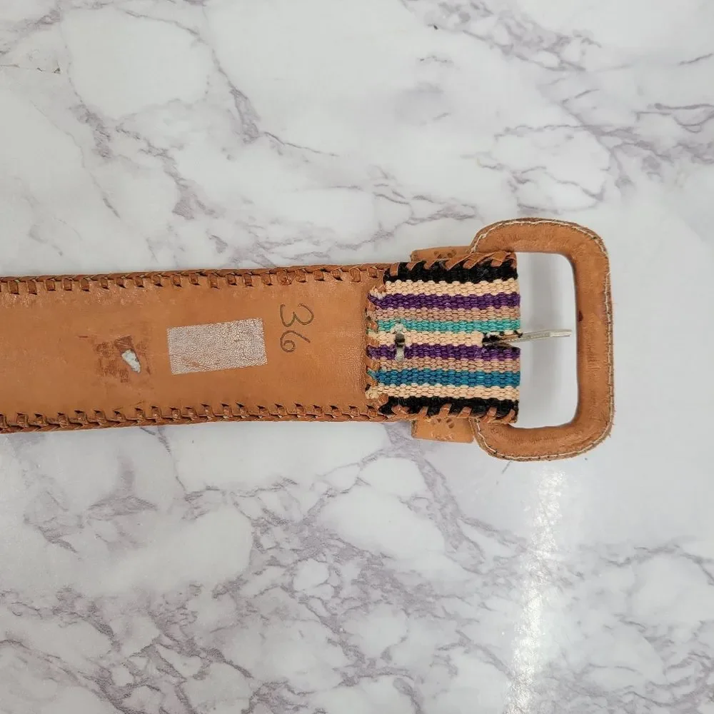 Tan Tooled Leather and Multicolor Canvas Striped Belt Vintage