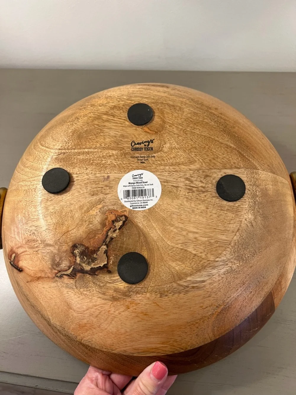 Chrissy Teigen Cravings 13” Mango Wood Bowl Metal Handles Fruit Serving  Decor